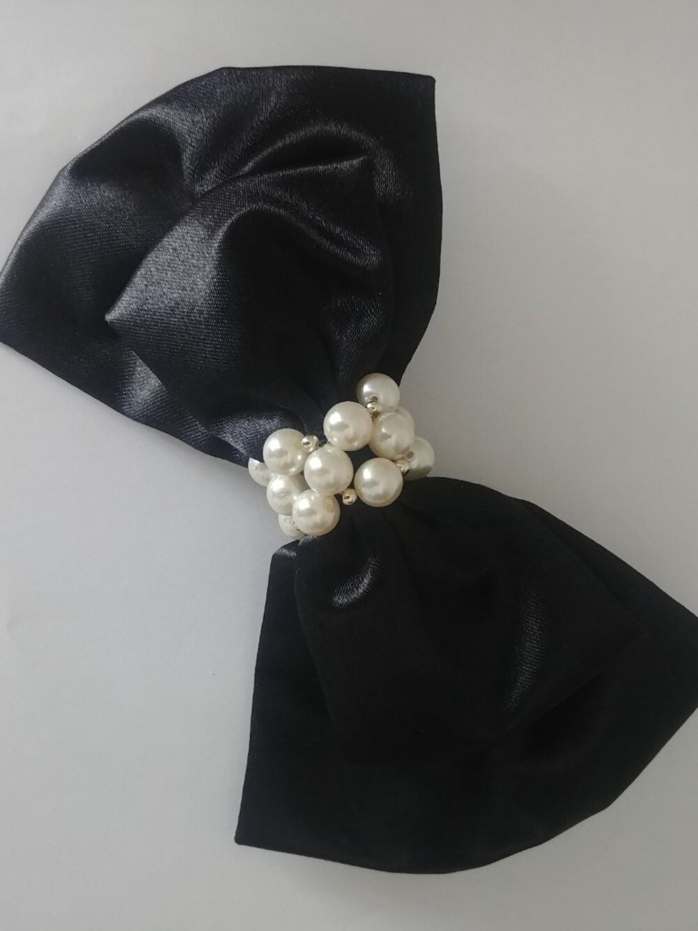 4/$20 Handmade large black satin double bow hair clip accessory with faux pearls